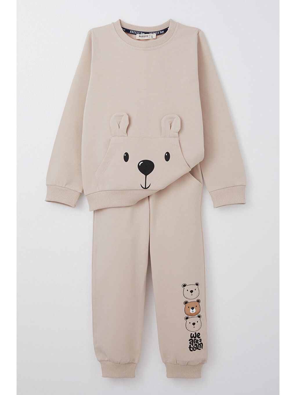Erkek Bebek Eşofman Takım Sevimli Ayıcık Desenli Kanguru Cepli Bej (9 Ay)