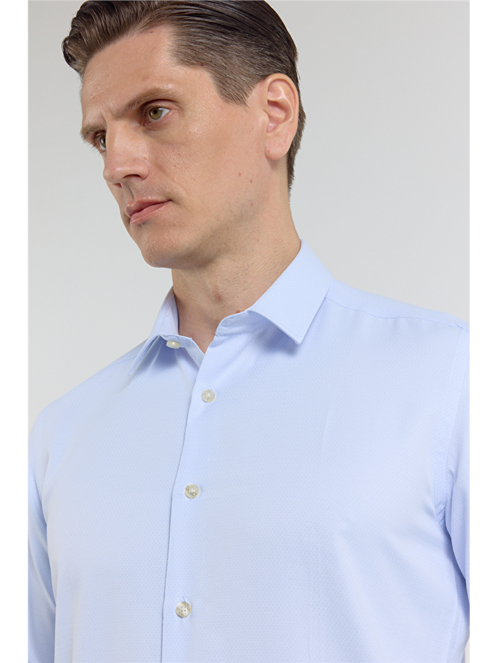 Mavi - Beyaz Kendinden Desenli Sert Yaka Uzun Kol Cepsiz Slim Fit Pamuklu Gömlek 1004255214-3