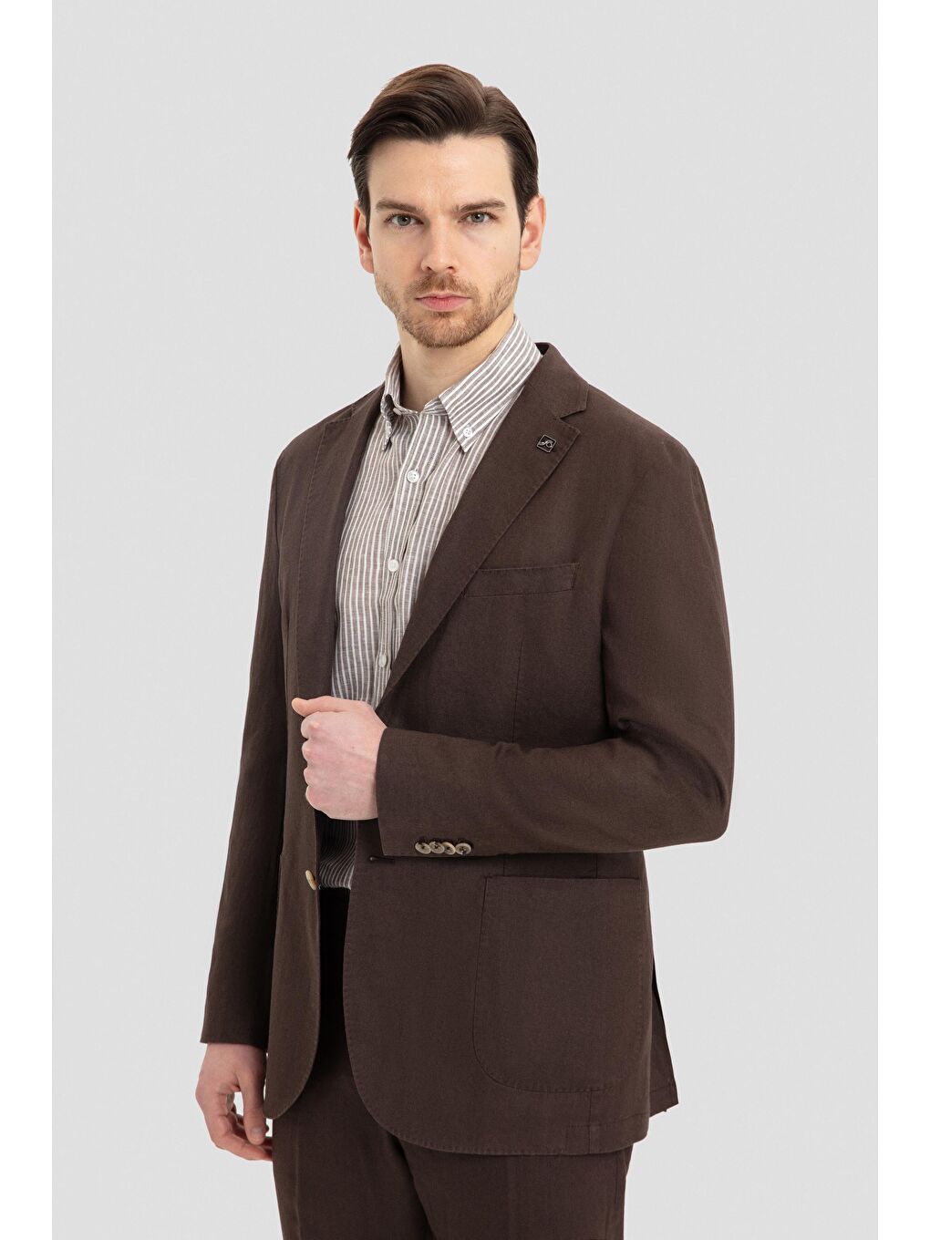 Kahverengi Mono Yaka Keten Takım Elbise Kahve-4