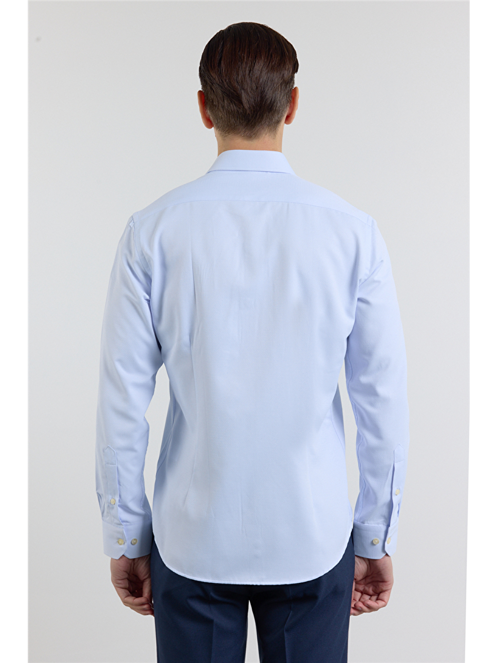 Mavi - Beyaz Kendinden Desenli Sert Yaka Uzun Kol Cepsiz Slim Fit Pamuklu Gömlek 1004255214-4