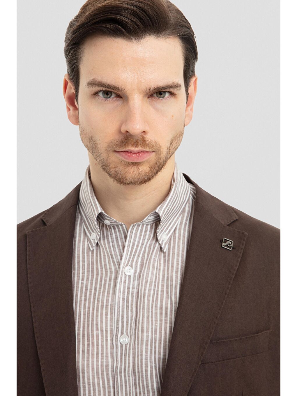 Kahverengi Mono Yaka Keten Takım Elbise Kahve-5