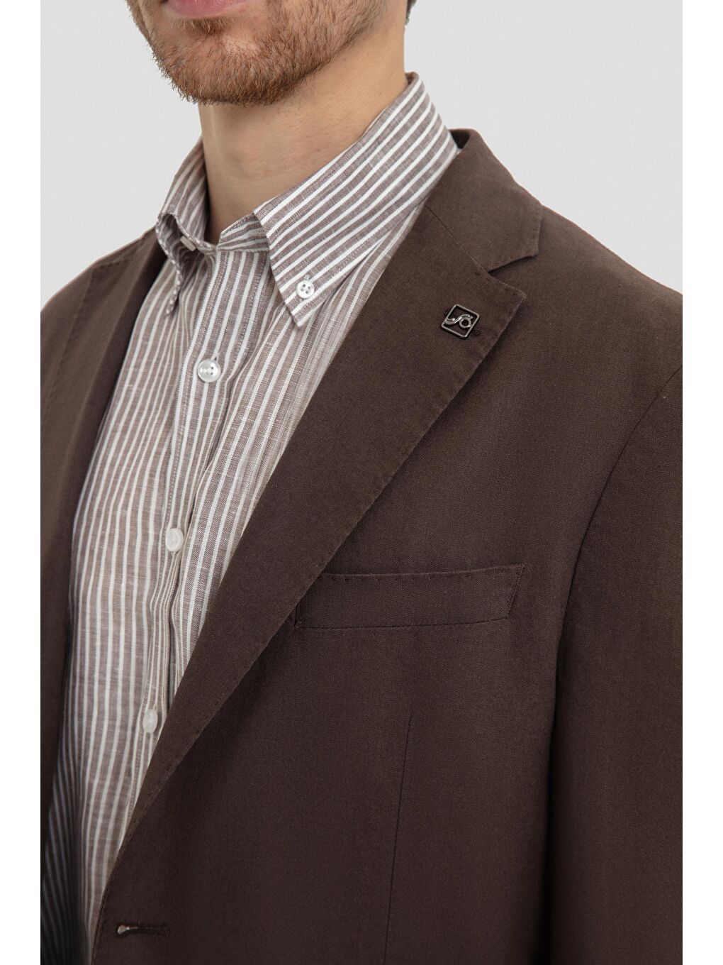 Kahverengi Mono Yaka Keten Takım Elbise Kahve-6