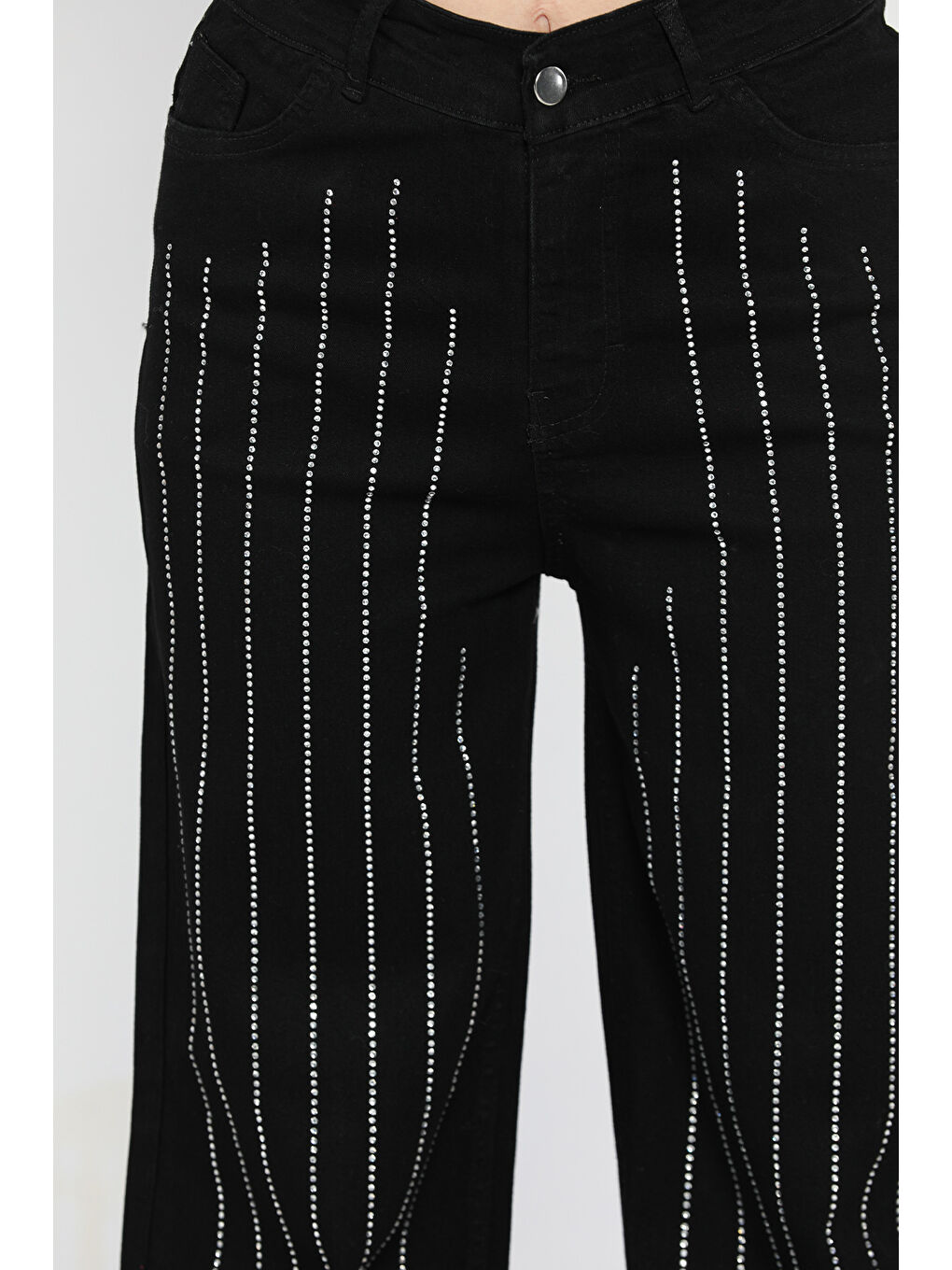 Siyah Yüksel Bel Taş Detaylı Palazzo Jean Pantolon-3