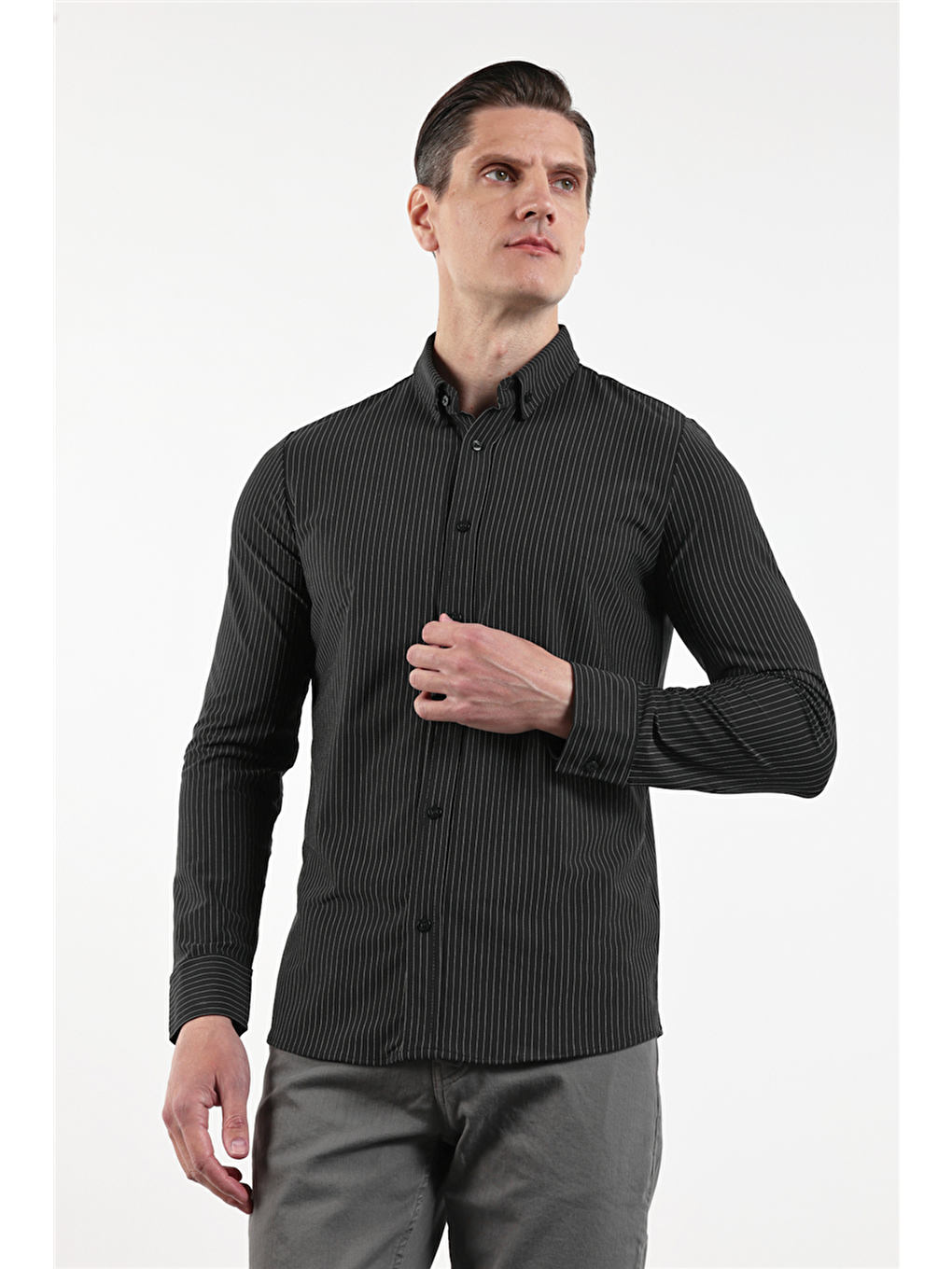Siyah Çizgili Desen İtalyan Yaka Uzun Kol Torba Cep Standart Fit Esnek Gömlek 1004260157-2