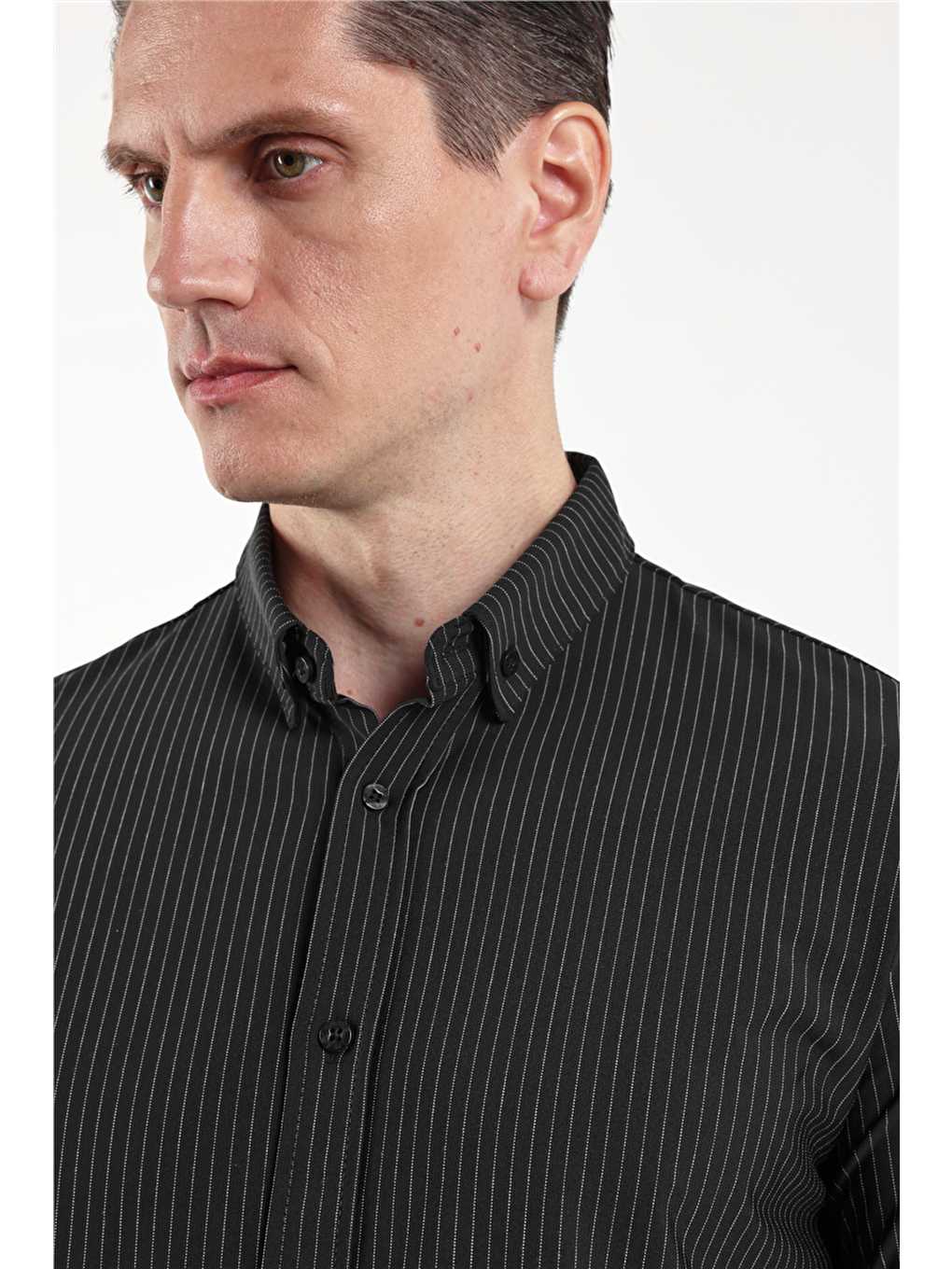 Siyah Çizgili Desen İtalyan Yaka Uzun Kol Torba Cep Standart Fit Esnek Gömlek 1004260157-3