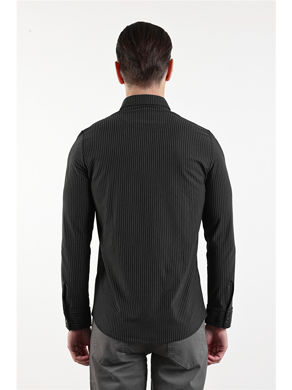 Siyah Çizgili Desen İtalyan Yaka Uzun Kol Torba Cep Standart Fit Esnek Gömlek 1004260157-4