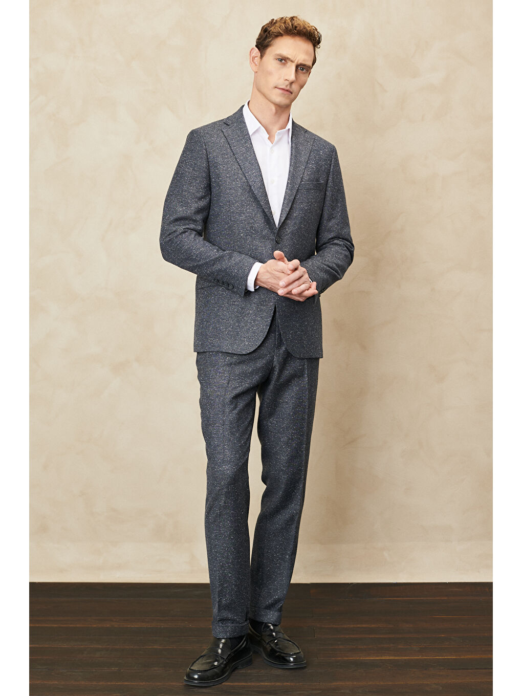 Erkek Antrasit Slim Fit Dar Kesim Mono Yaka Tweet Desenli Yünlü Takım Elbise-3