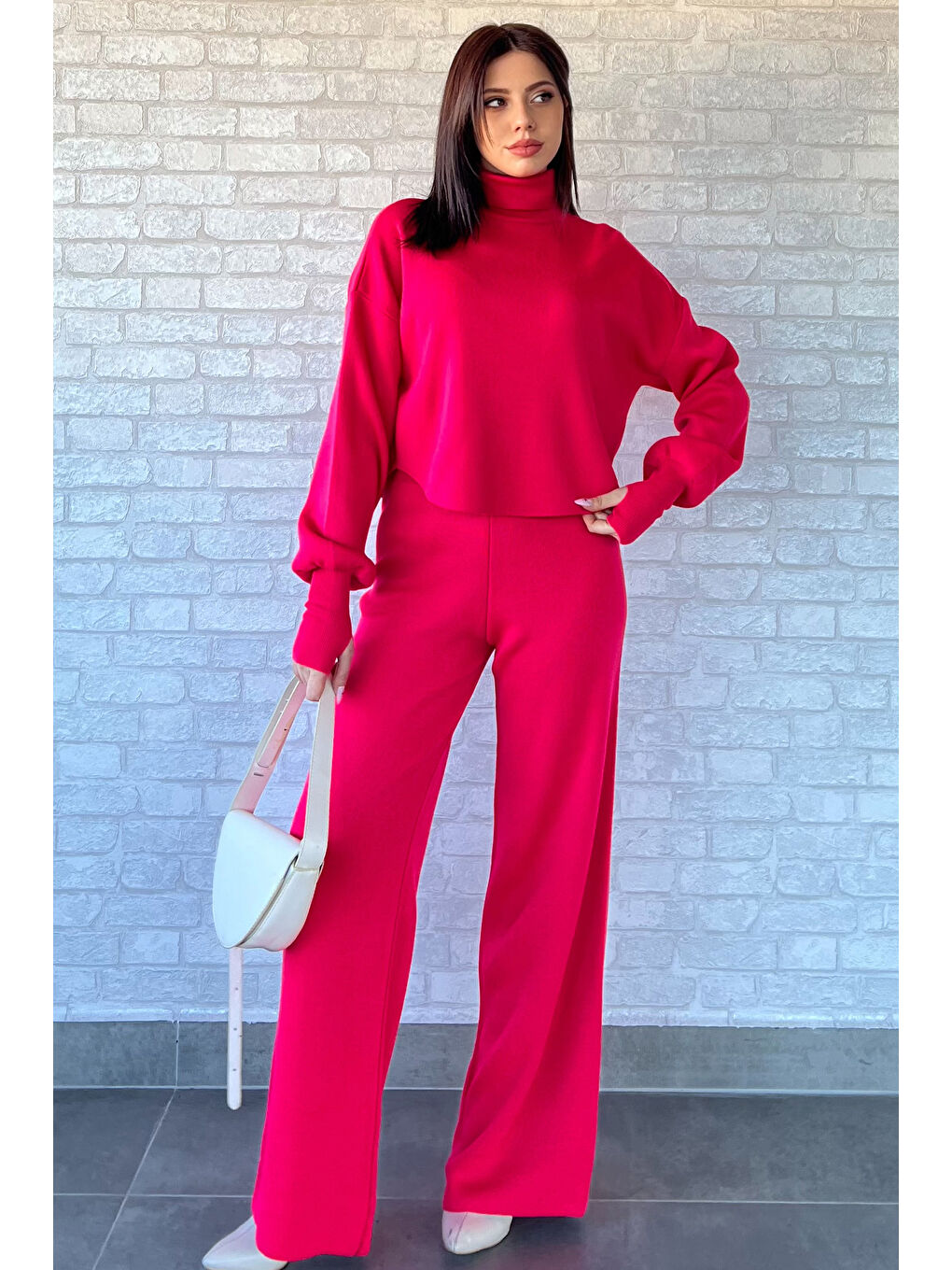 Fuşya Crop Kazak Pantolon Triko İkili Takım-1