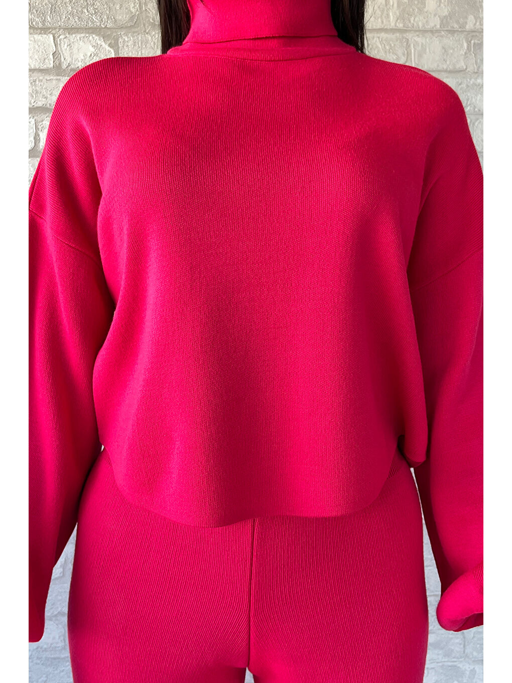 Fuşya Crop Kazak Pantolon Triko İkili Takım-2