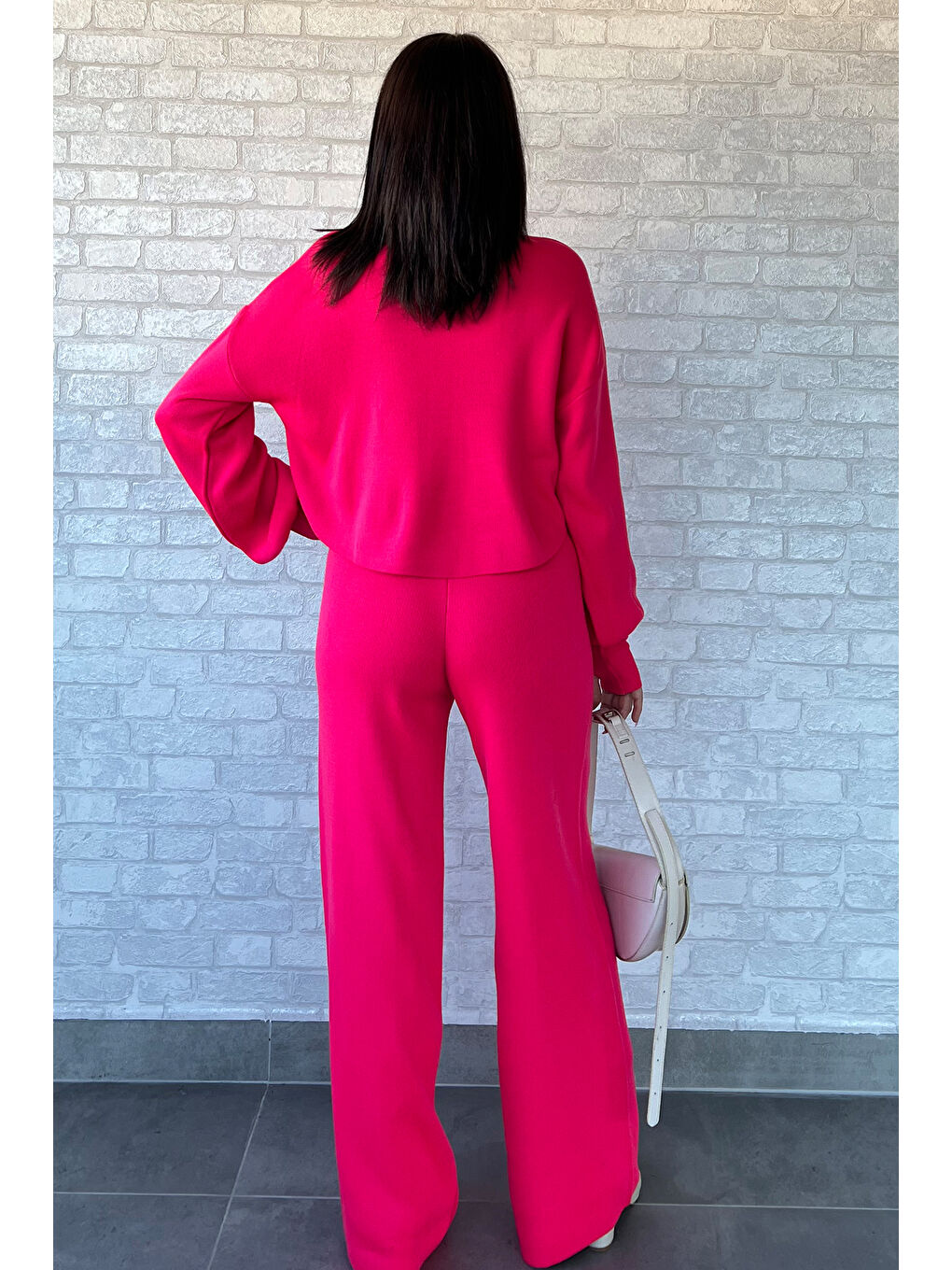 Fuşya Crop Kazak Pantolon Triko İkili Takım-3