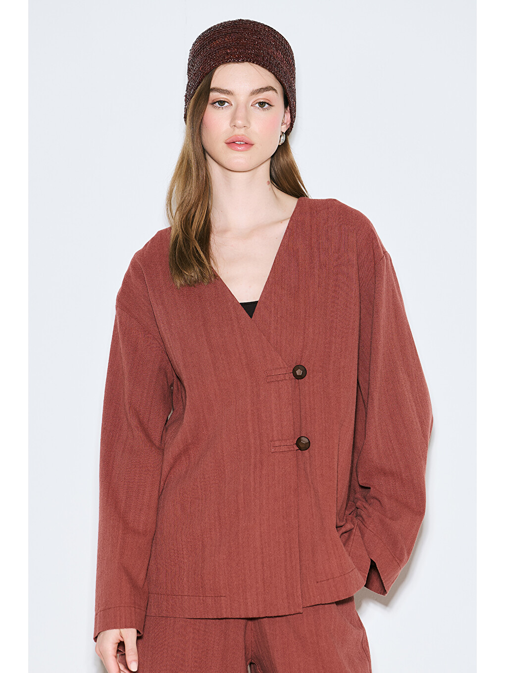 Kahverengi Rustik Düğmeli Kimono Kiremit-4