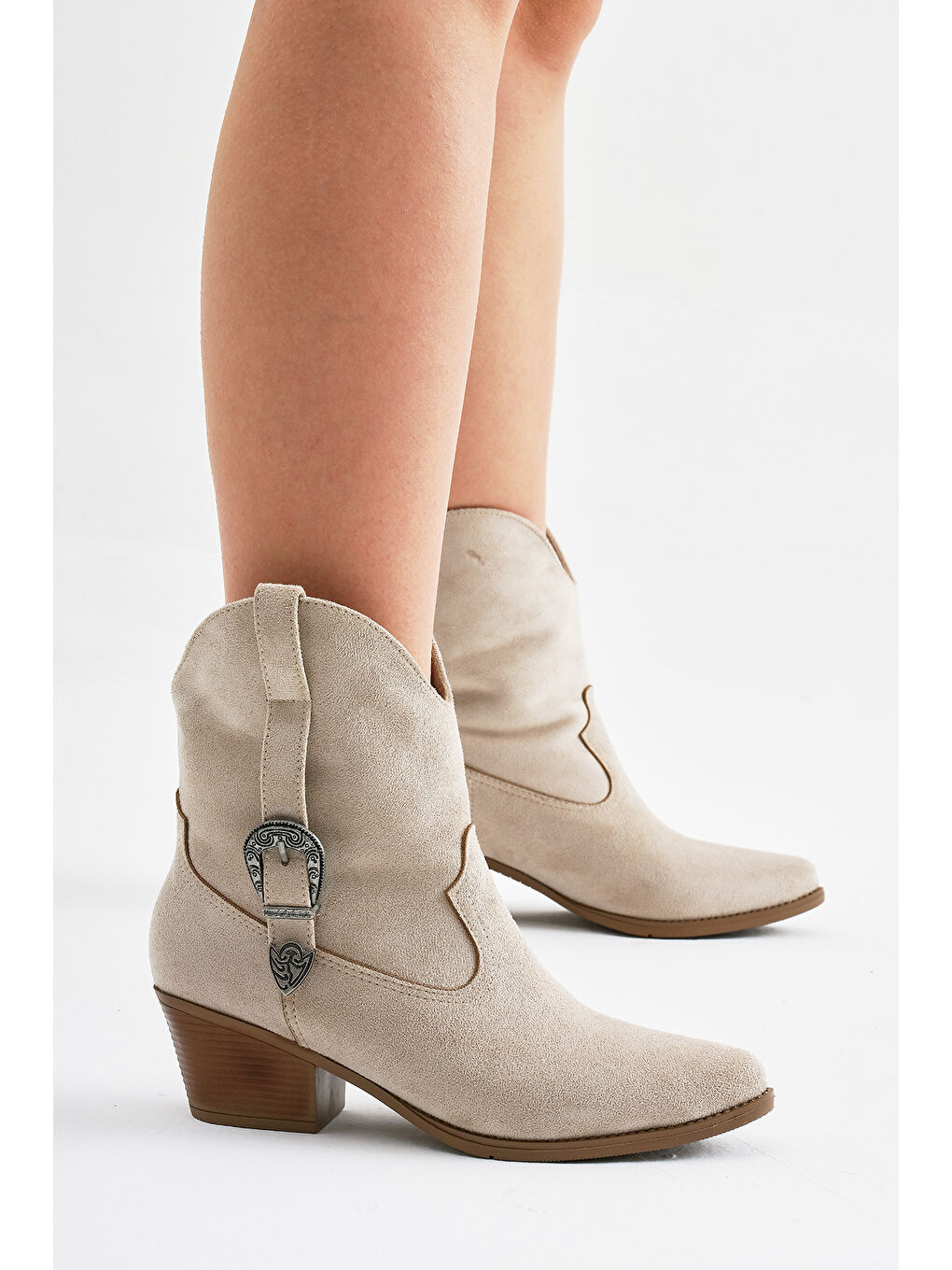 Bej Kadın Ten Süet Termo Taban Tokalı Sivri Burunlu Western Kovboy Bot-1