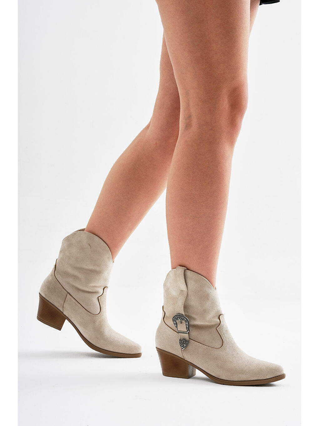 Bej Kadın Ten Süet Termo Taban Tokalı Sivri Burunlu Western Kovboy Bot-2