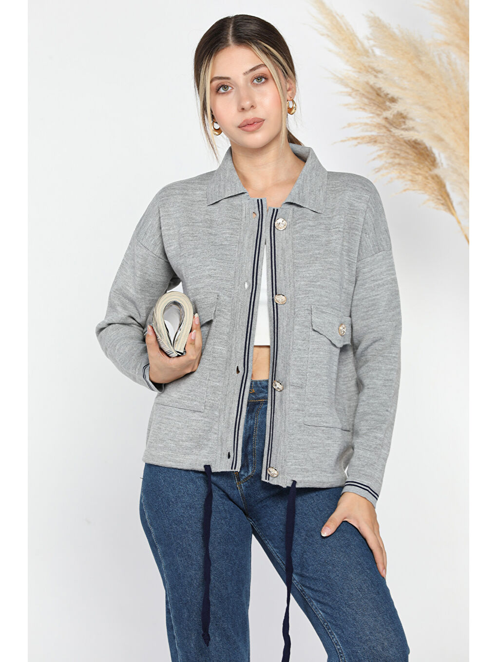 Gri Kadın Bağcıklı Triko Ceket Hırka (s-m-l Beden Uyumludur)-1