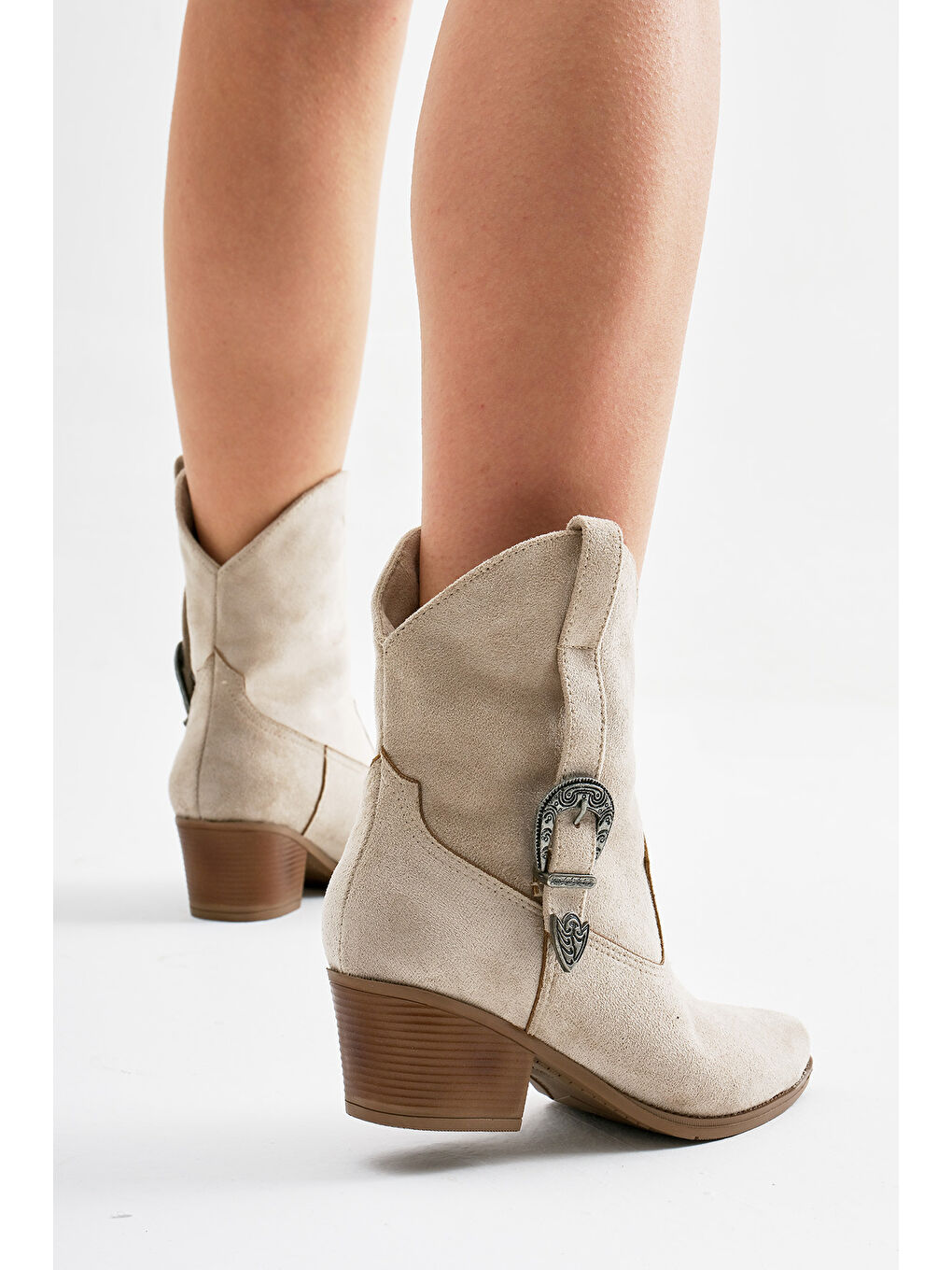 Bej Kadın Ten Süet Termo Taban Tokalı Sivri Burunlu Western Kovboy Bot-3