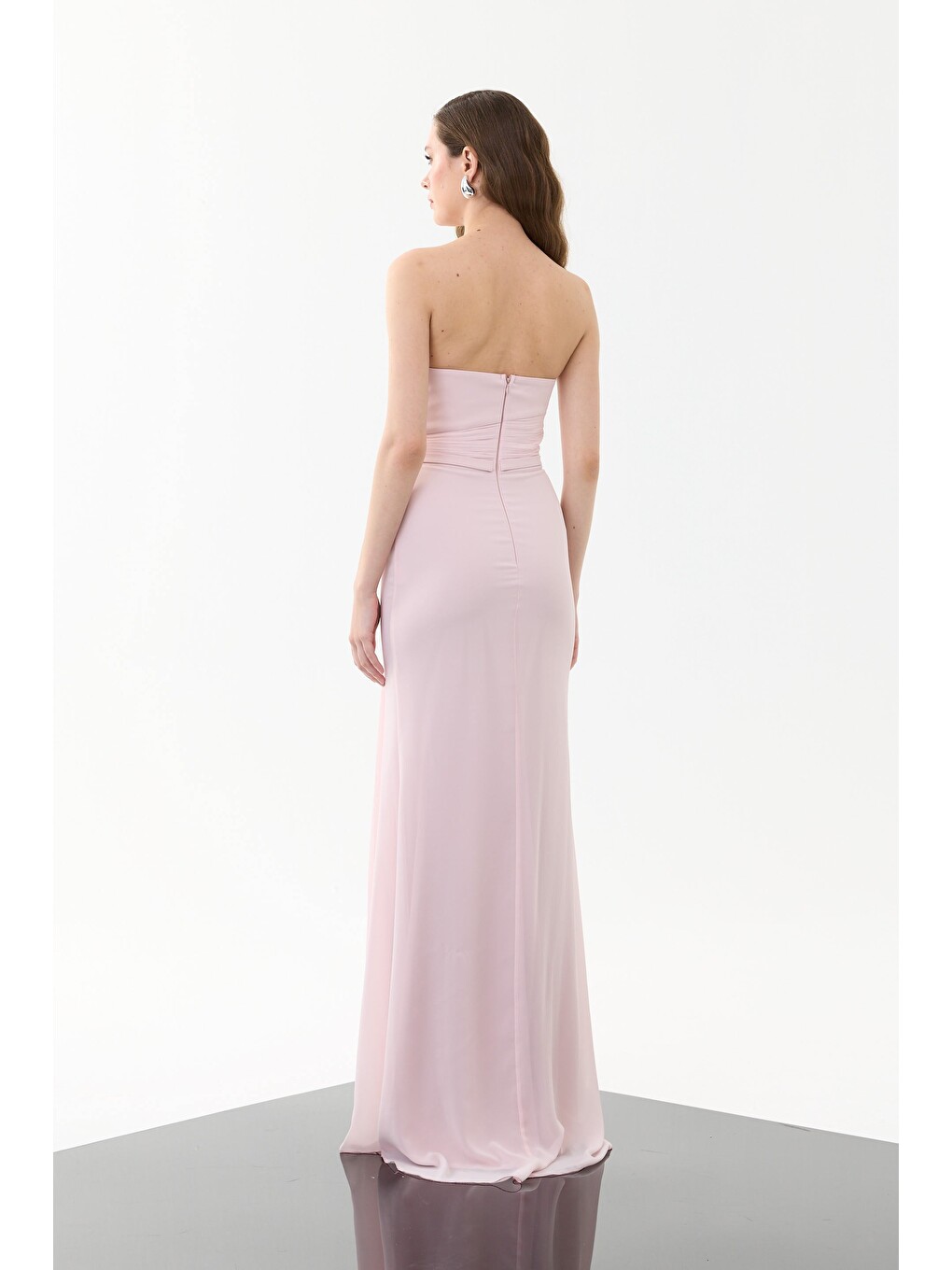 Pembe Pudra Straplez Yırtmaçlı Şifon Abiye Elbise-6
