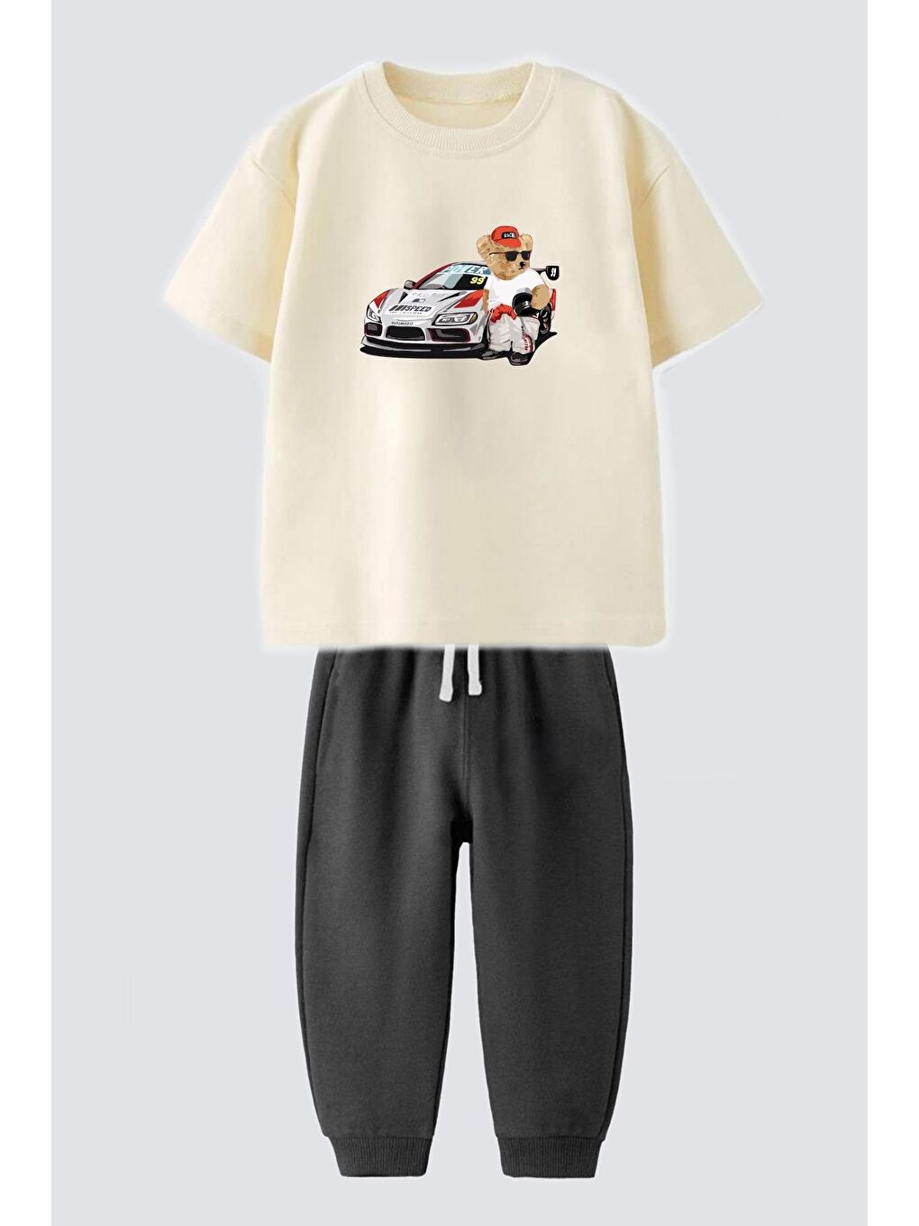 Bej Erkek Çocuk Araba Baskılı Tshirt ve Eşofman Takım