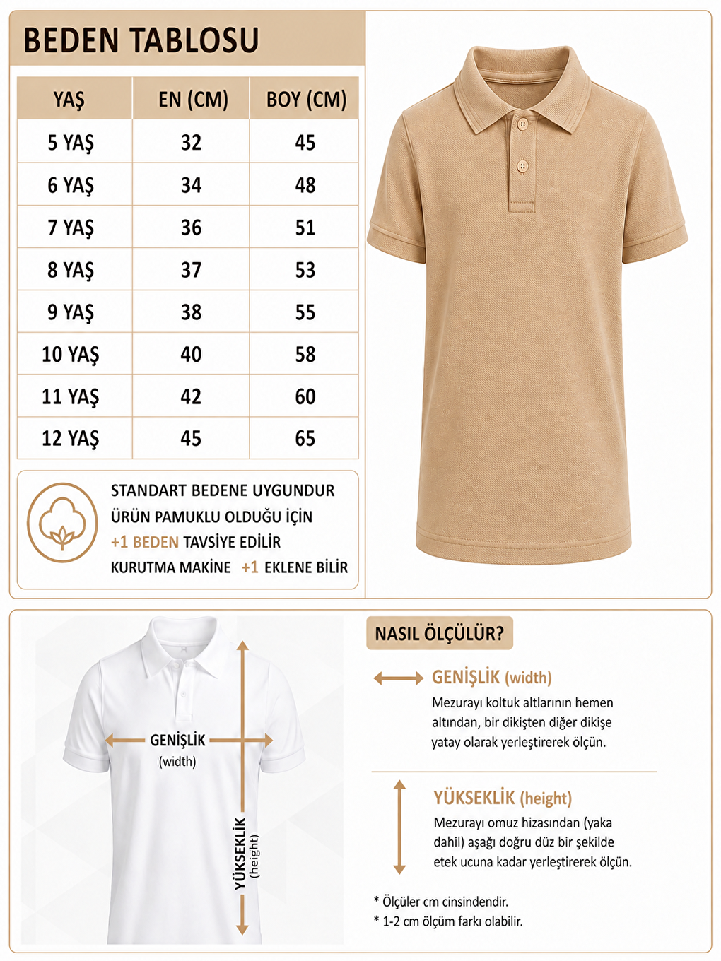 Bej Kids Polo Yaka Basic Kısa Kollu Unisex Çocuk Tişört-1