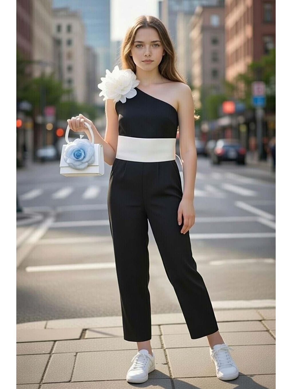 Kız Çocuk Beli Şerit ve Omuzunda Broş Detaylı Tek Omuz Siyah Tulum