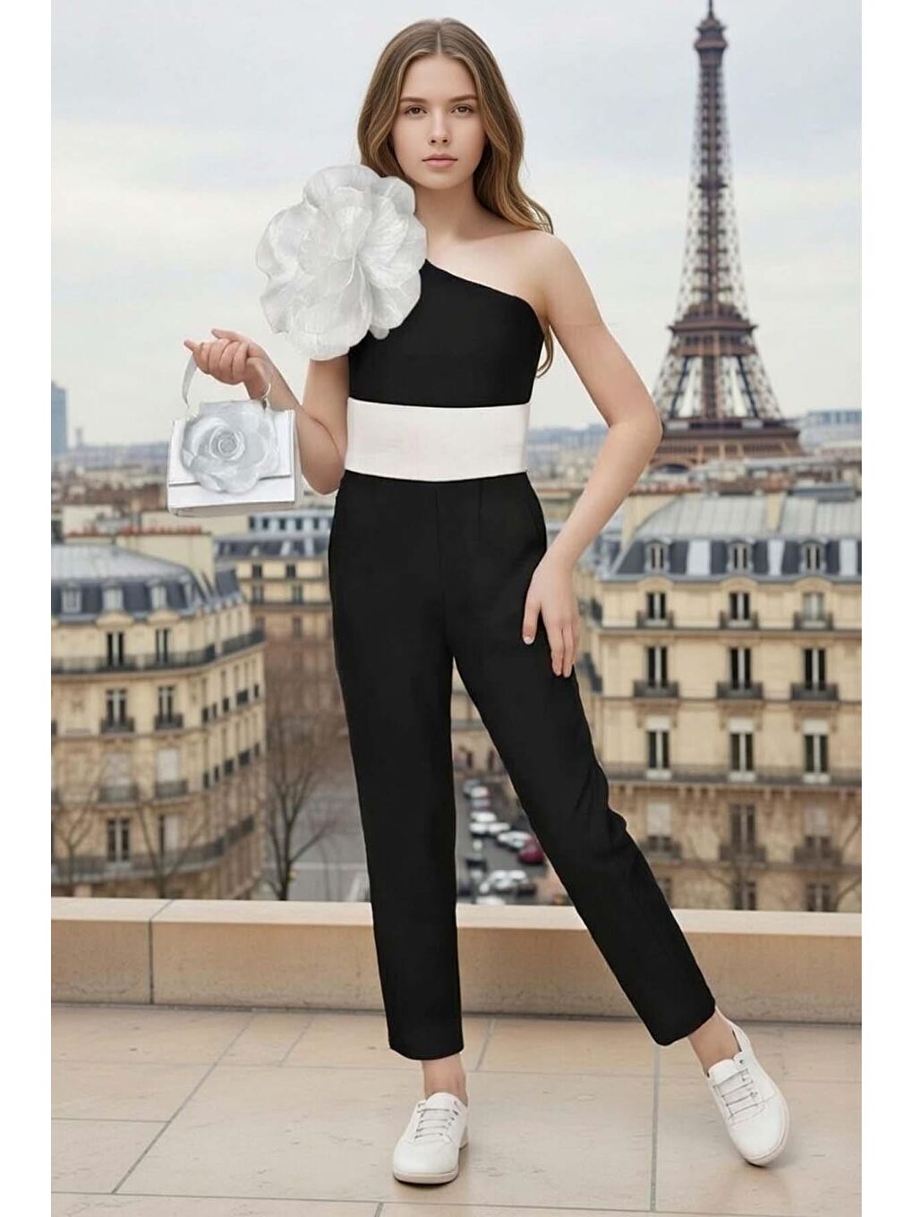 Kız Çocuk Beli Şerit ve Omuzunda Broş Detaylı Tek Omuz Siyah Tulum-1