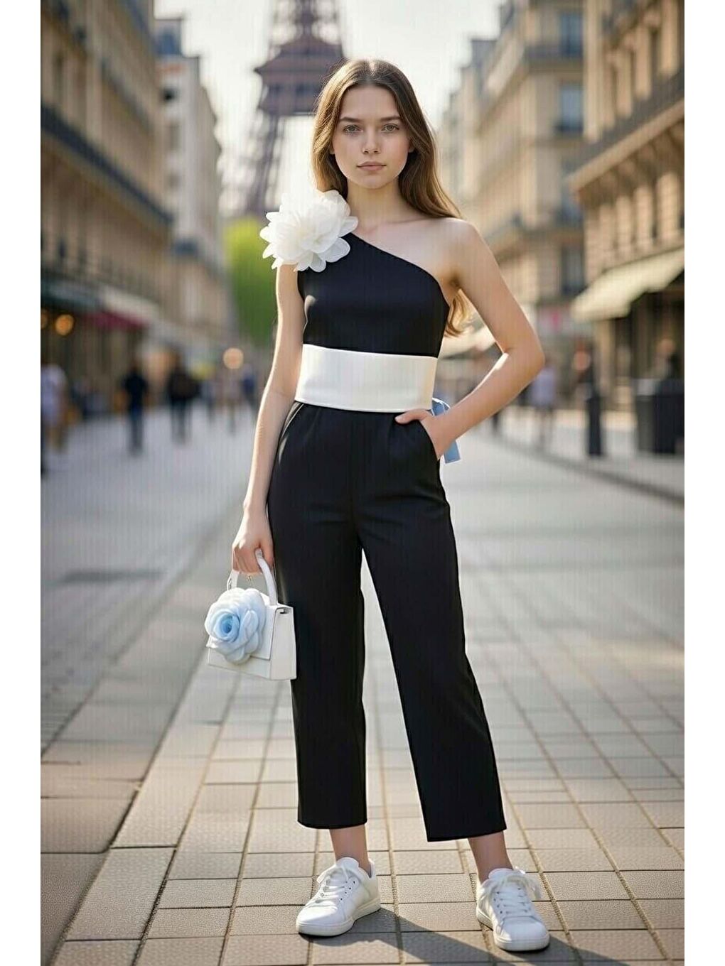 Kız Çocuk Beli Şerit ve Omuzunda Broş Detaylı Tek Omuz Siyah Tulum-2