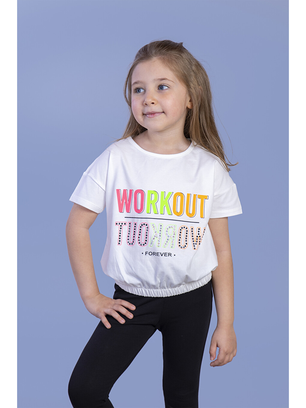 Ekru Kız Çocuk Workout Baskılı Taş İşlemeli Tişört