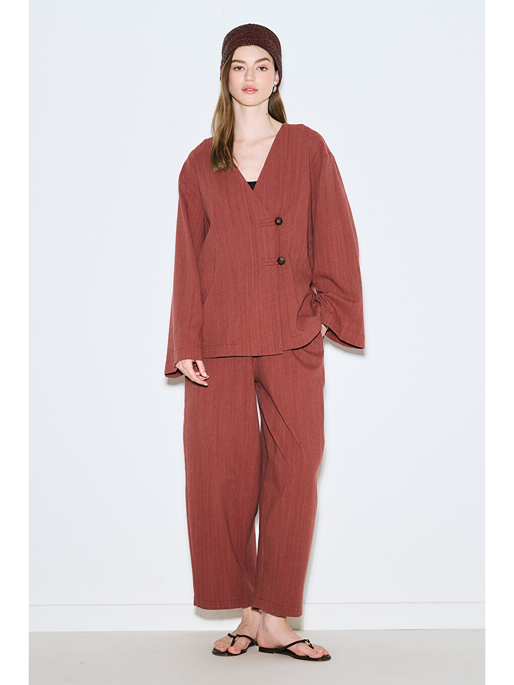 Kahverengi Rustik Düğmeli Kimono Kiremit-5
