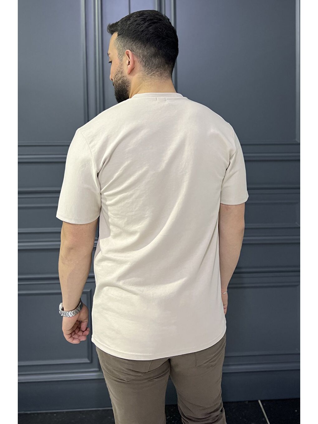 Bej Bisiklet Yaka Yazı Baskılı Erkek Tişört-2