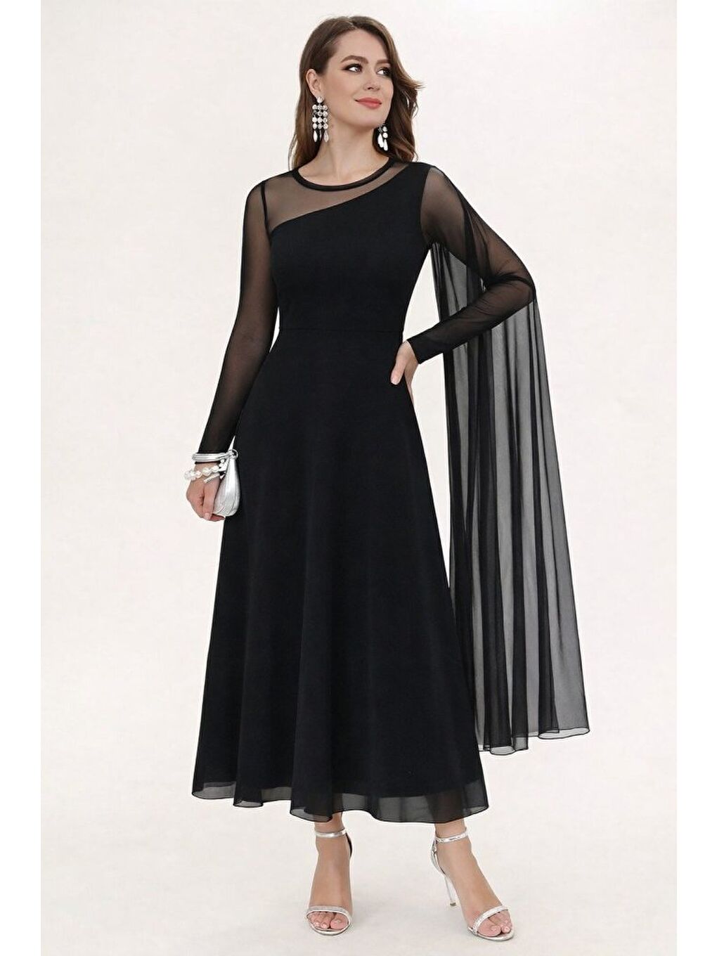 Siyah Kadın Uzun Kollu Yarı Balıkçı Yaka Tül Detaylı Uzun Sandy Elbise-3