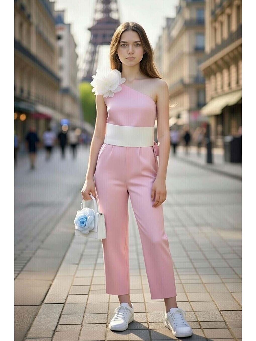 Kız Çocuk Beli Şerit ve Omuzunda Broş Detaylı Tek Omuz Pembe Tulum