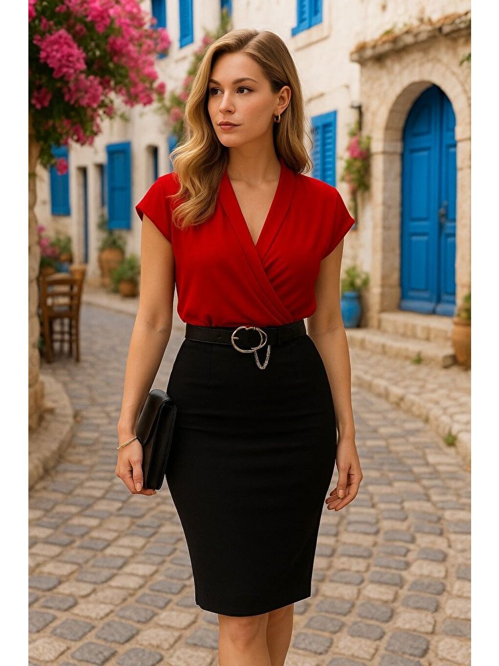 Bordo Kadın Kısa Kollu Kruvaze Yaka Krep Elbise (Kemersiz)-3