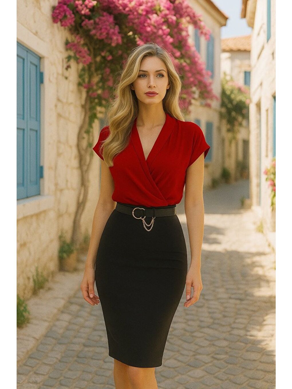 Bordo Kadın Kısa Kollu Kruvaze Yaka Krep Elbise (Kemersiz)-4