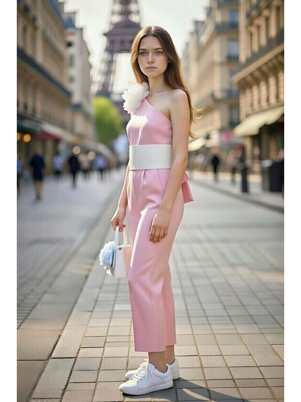 Kız Çocuk Beli Şerit ve Omuzunda Broş Detaylı Tek Omuz Pembe Tulum-1