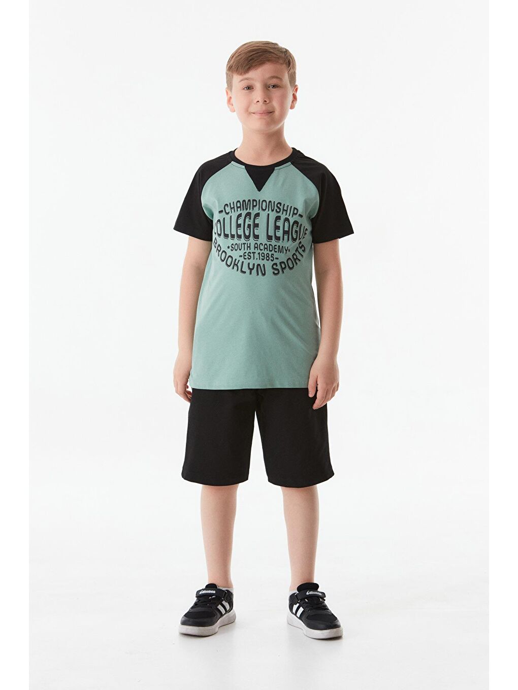 Turkuaz Baskılı Bisiklet Yaka Erkek Çocuk Takım-1