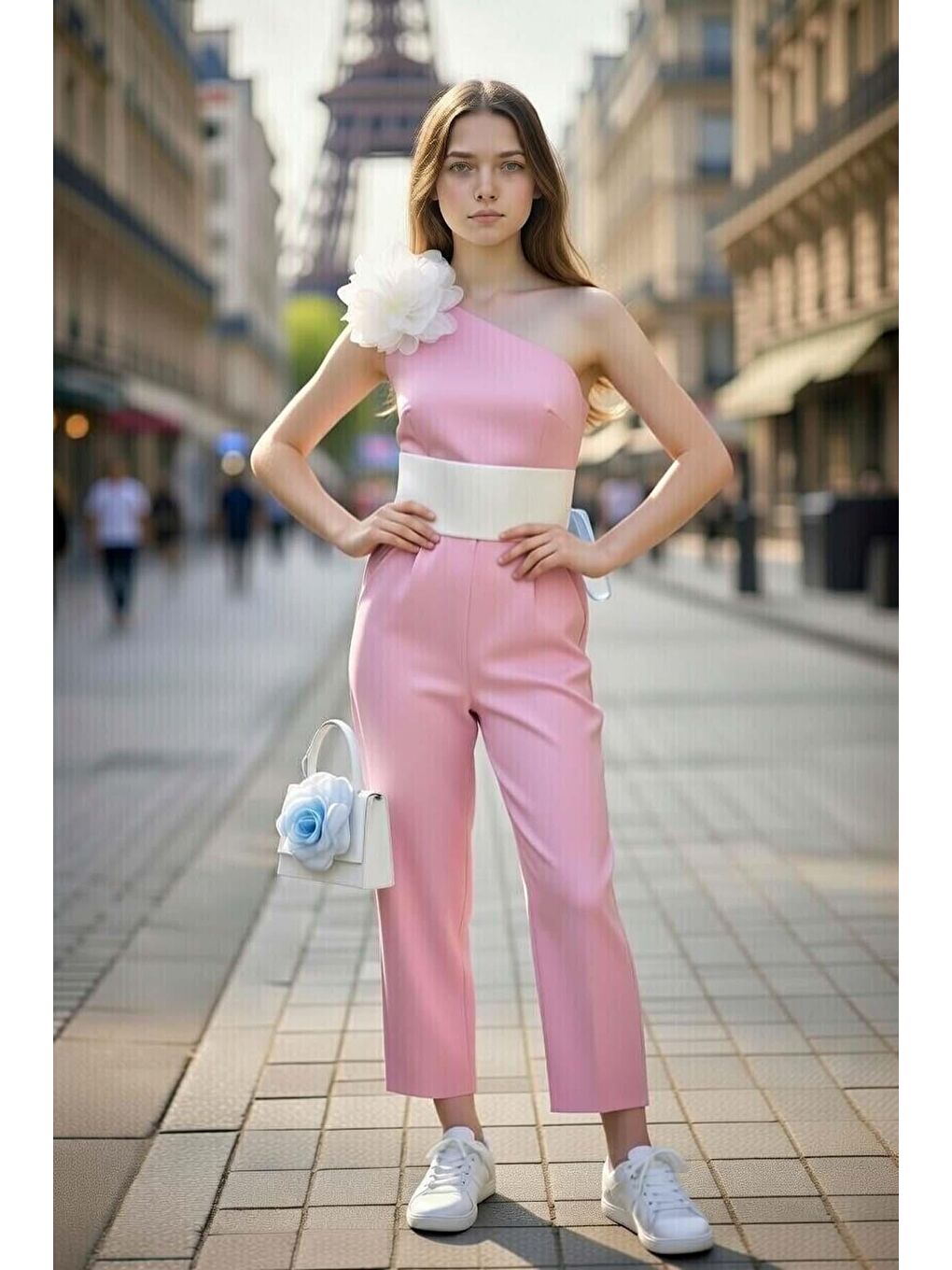 Kız Çocuk Beli Şerit ve Omuzunda Broş Detaylı Tek Omuz Pembe Tulum-2