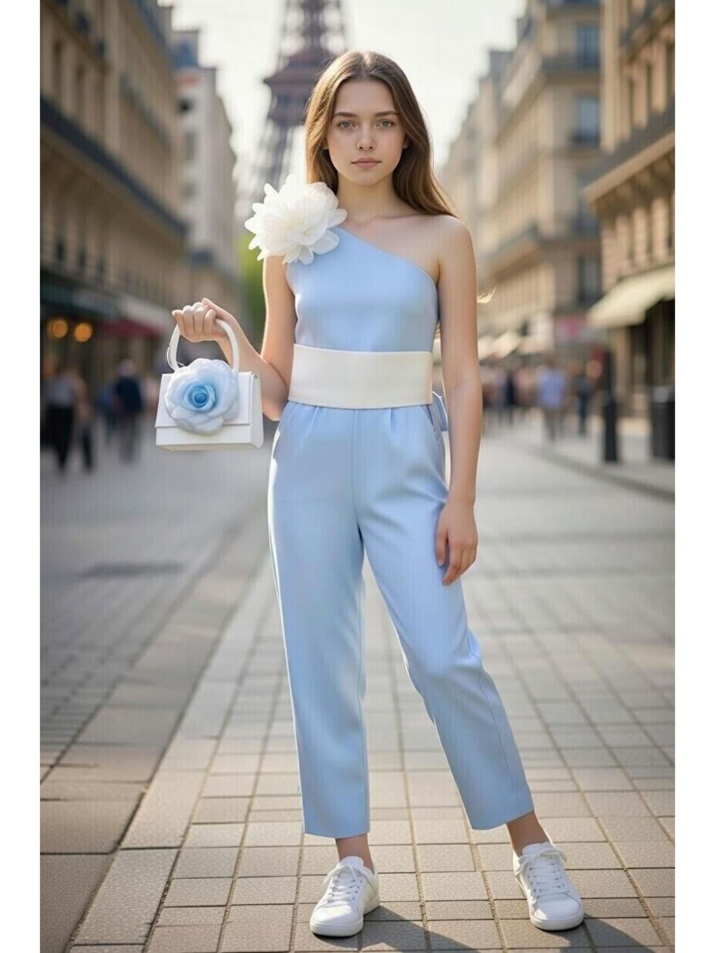 Kız Çocuk Beli Şerit ve Omuzunda Broş Detaylı Tek Omuz Mavi Tulum