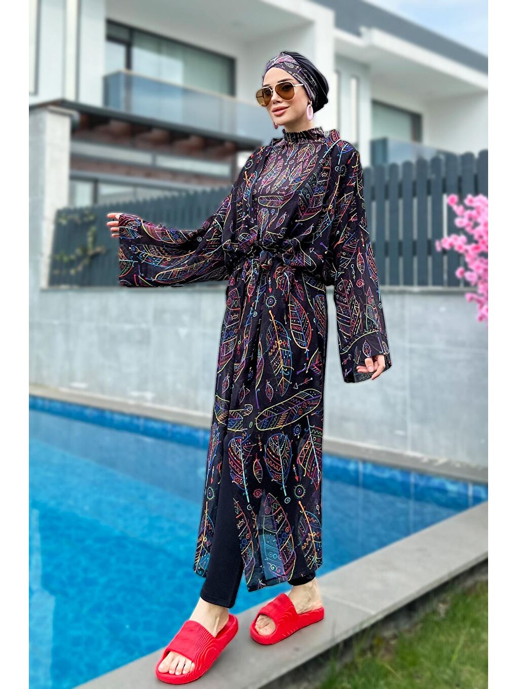 Remsa Mayo Siyah Tesettür Mayo Üzerine Tek Kaftan Kimono Pareo Yaprak Tema