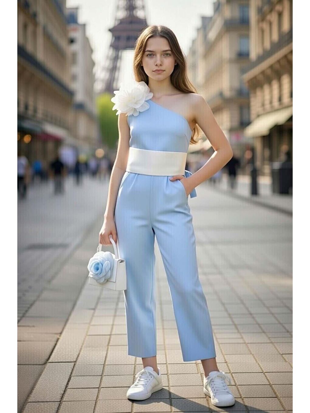 Kız Çocuk Beli Şerit ve Omuzunda Broş Detaylı Tek Omuz Mavi Tulum-1