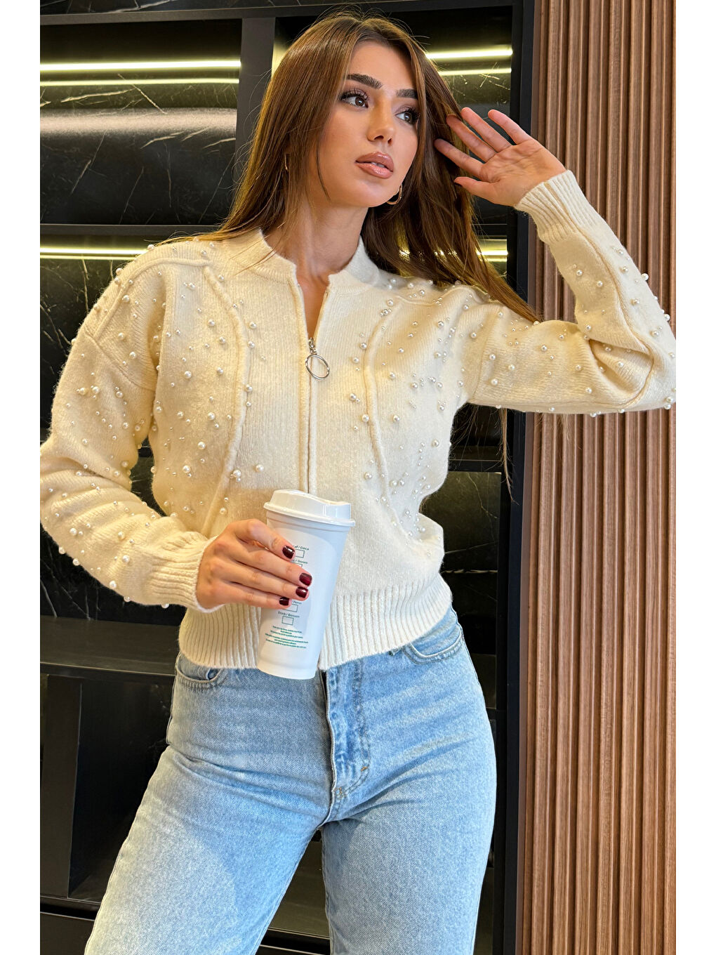 Ekru Modern Tasarımlı İnci Baskılı Fermuarlı Kadın Ceket Hırka (s-m-l Beden Uyumludur)-1