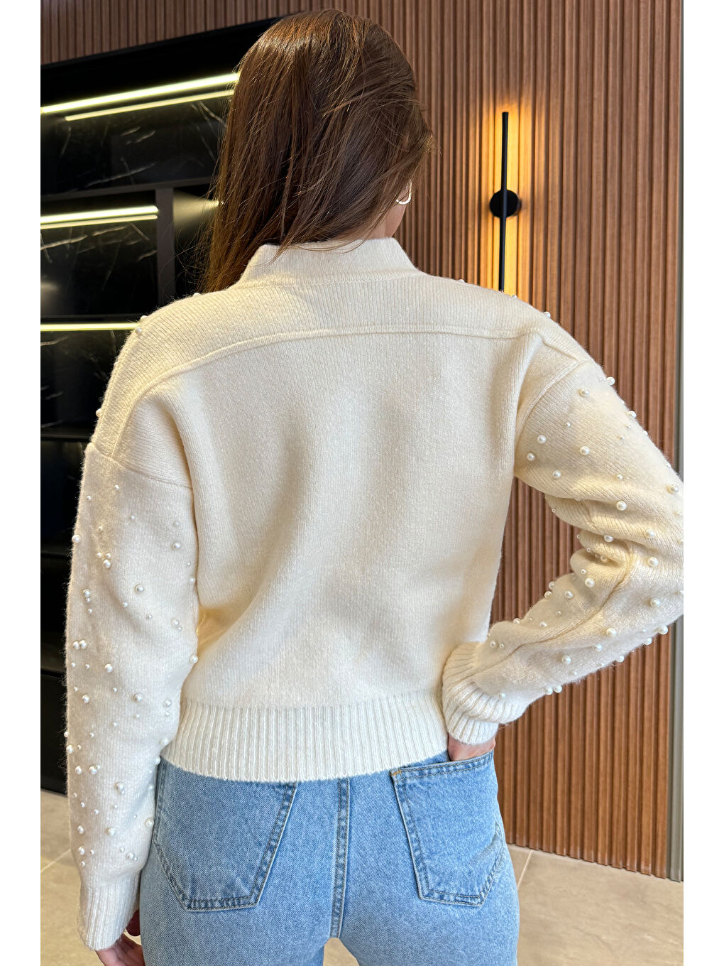 Ekru Modern Tasarımlı İnci Baskılı Fermuarlı Kadın Ceket Hırka (s-m-l Beden Uyumludur)-2