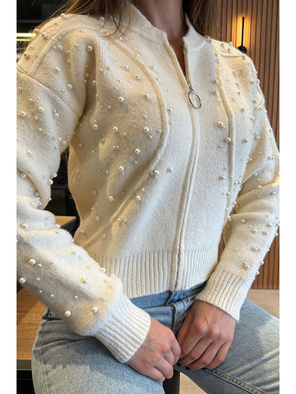 Ekru Modern Tasarımlı İnci Baskılı Fermuarlı Kadın Ceket Hırka (s-m-l Beden Uyumludur)-3