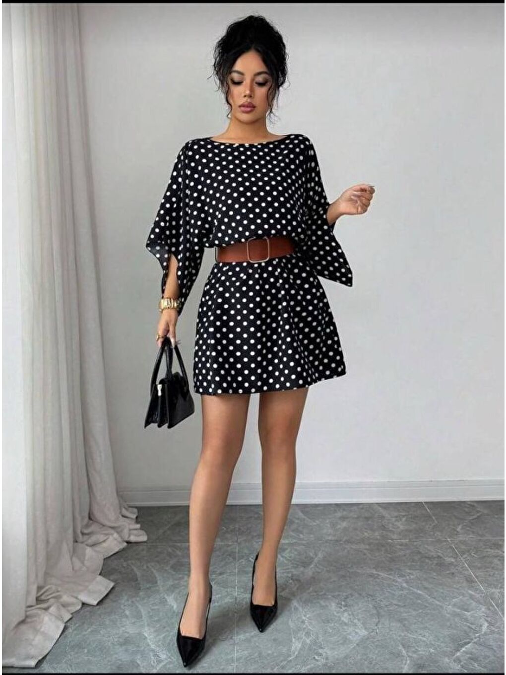 Siyah Kadın Puantiyeli örme Krep Mini Elbise (kemersiz)-1