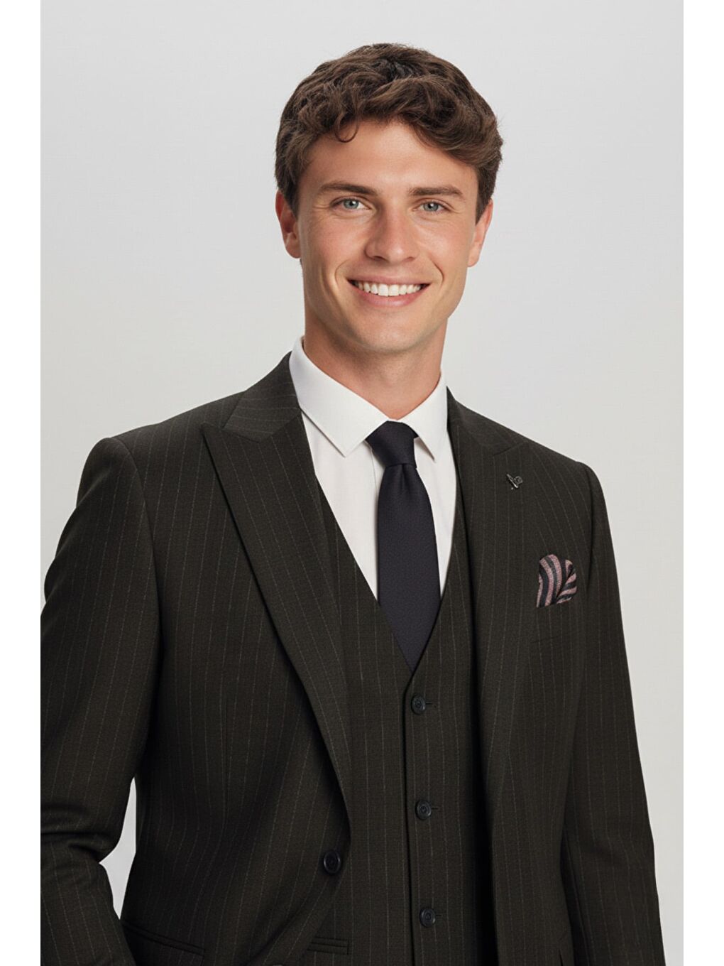 Gri Giotelli Füme Yelekli Çizgili Sivri Yaka Roma Kalıp 6 Drop Tam Astarlı Erkek Takım Elbise-2