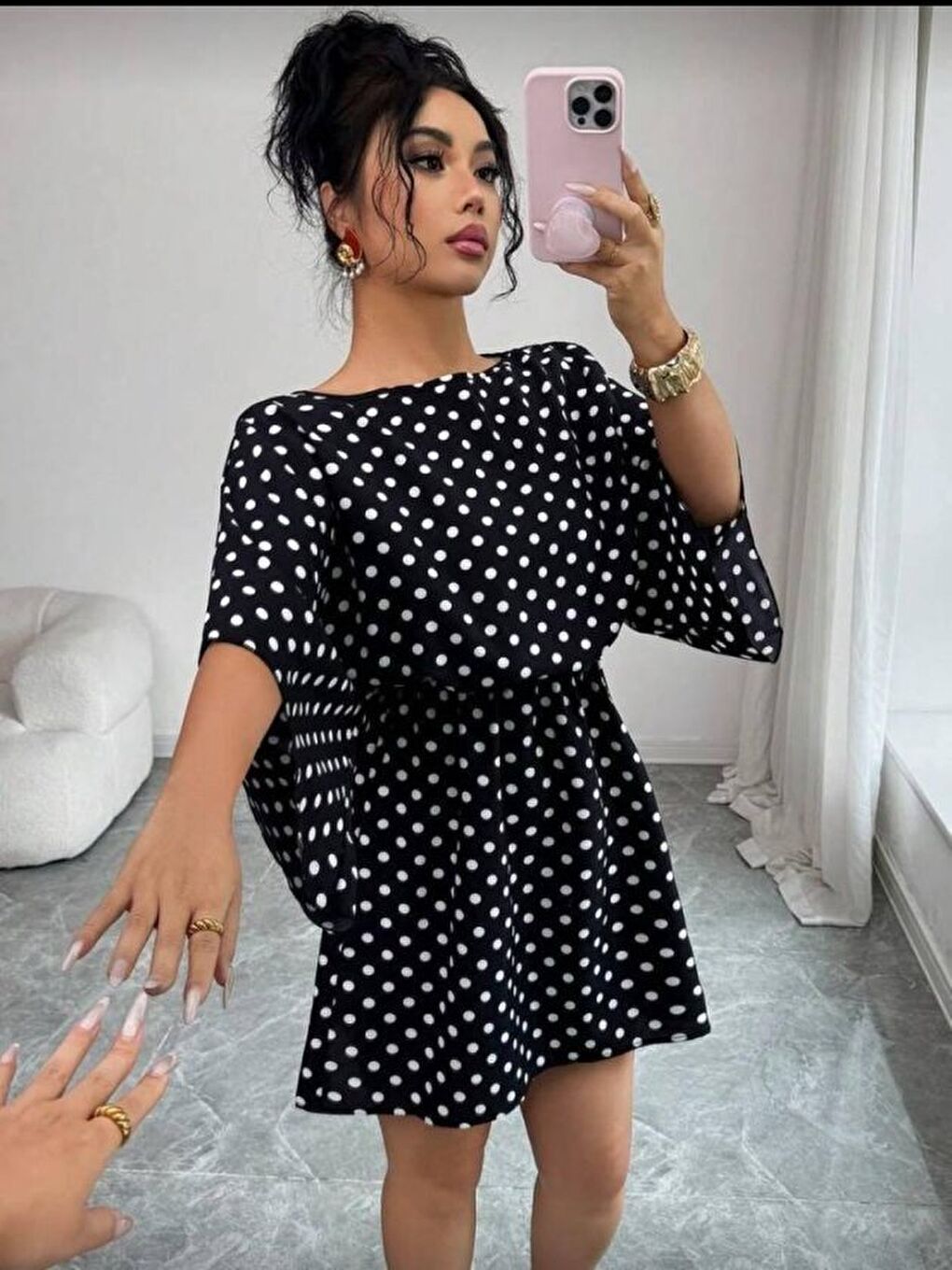 Siyah Kadın Puantiyeli örme Krep Mini Elbise (kemersiz)-2