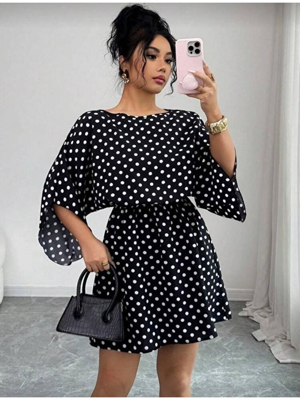 Siyah Kadın Puantiyeli örme Krep Mini Elbise (kemersiz)-3
