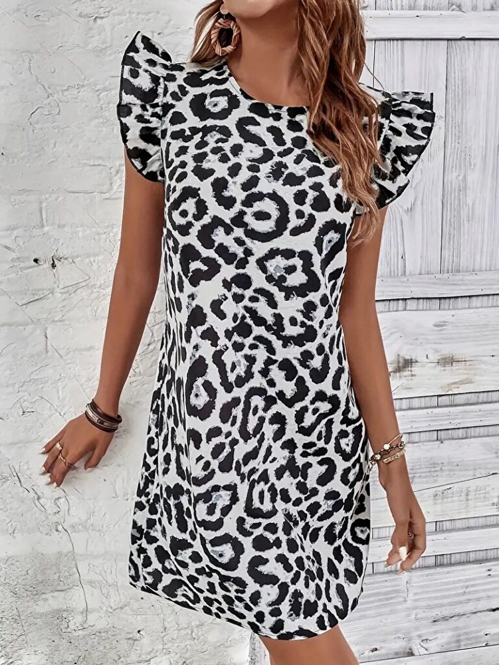 Beyaz Kadın Kısa Kollu Kolları Fırfır Detay Arkası Bağlamalı Leopar Desen Kolsuz Mini Mikro Elbise-2