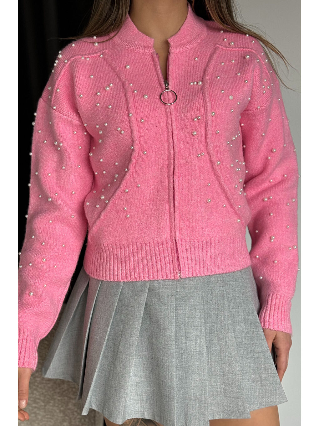 Pembe Modern Tasarımlı İnci Baskılı Fermuarlı Kadın Ceket Hırka (s-m-l Beden Uyumludur)-2