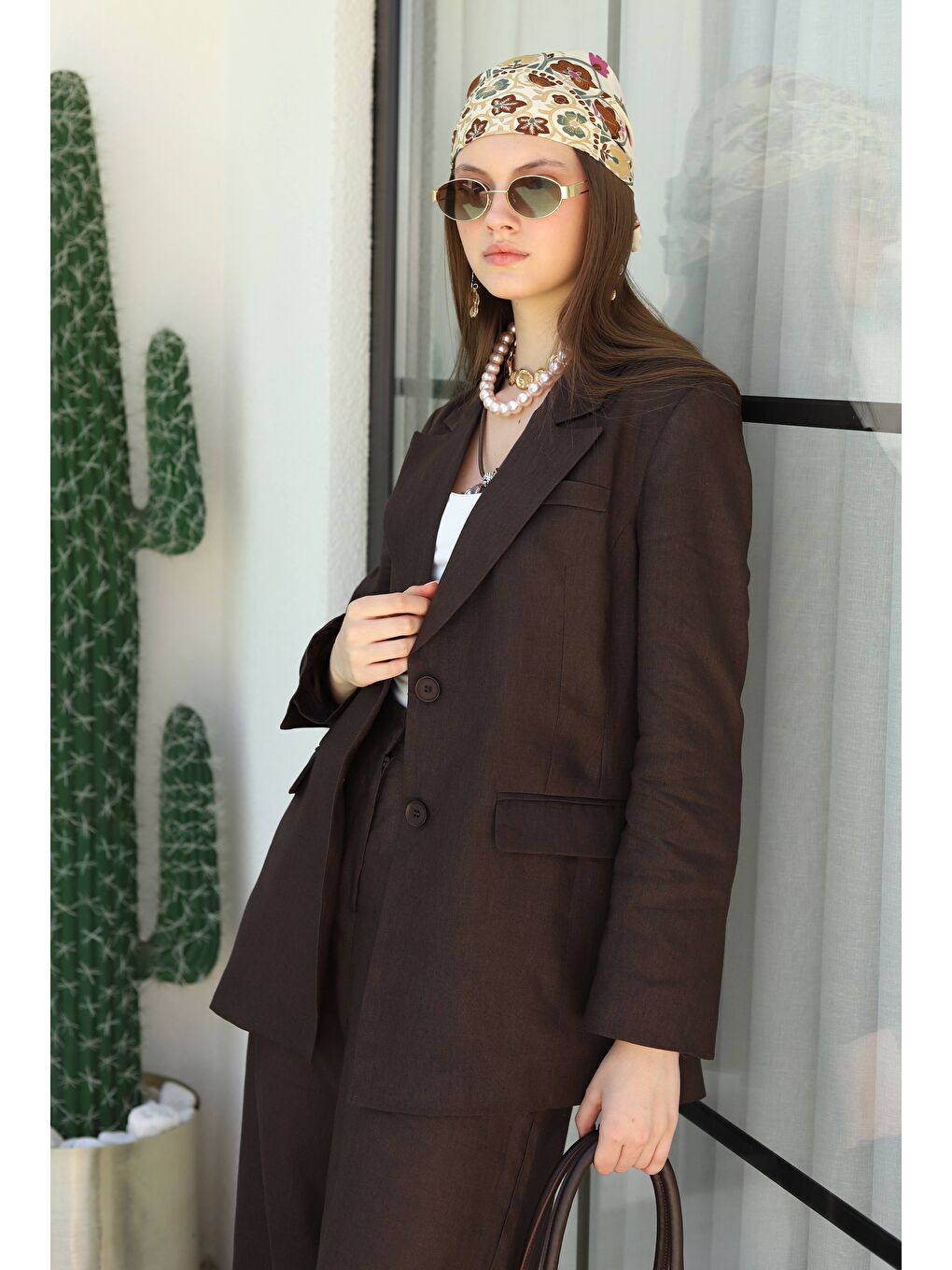 Kahverengi Keten Belden Oturtmalı Ceket Acı Kahve