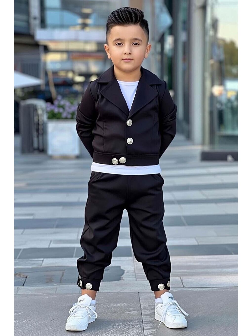 Erkek Çocuk Gold Düğme Detaylı Penye Ceket Dar Kesim Pantolon Siyah Alt Üst Takım-1
