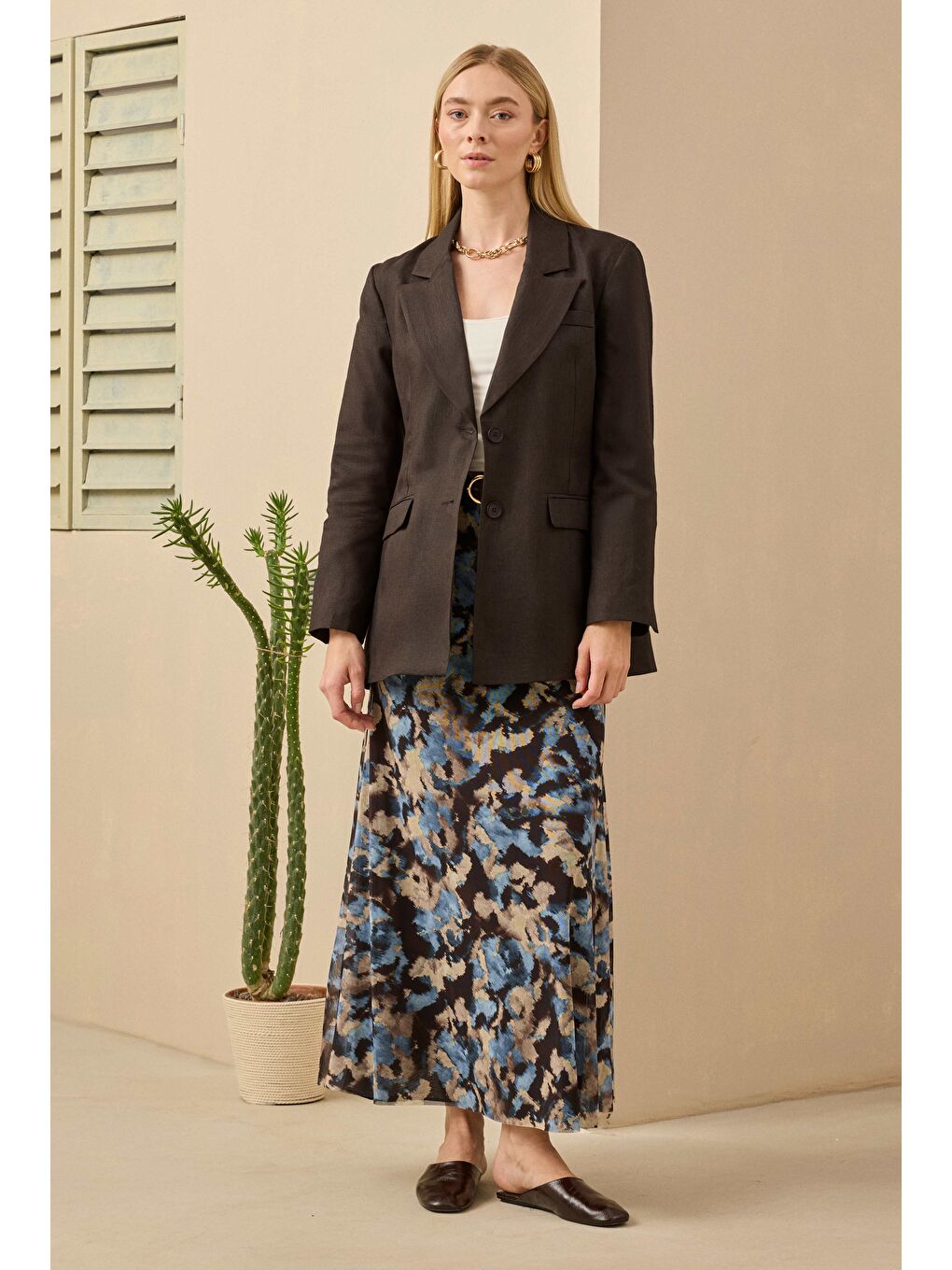 Kahverengi Keten Belden Oturtmalı Ceket Acı Kahve-1